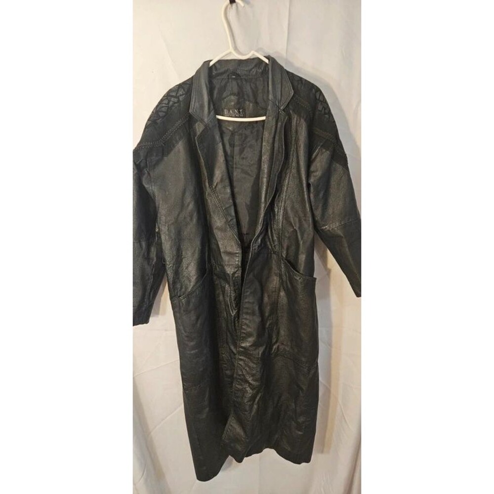 DANY Black Leather Trench Coat Large 49" Long Missing Belt- ITEM # 2651